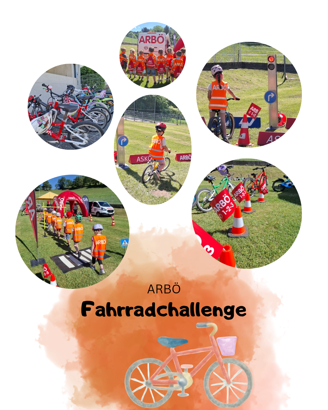 Bilder von Kindern in orange Westen, die Fahrräder fahren, Verkehrszeichen, Kegel und ein rotes Schild mit der Aufschrift ARBO. Fahrräder sind aufgereiht und Kinder überqueren eine Fußgängerzone.
