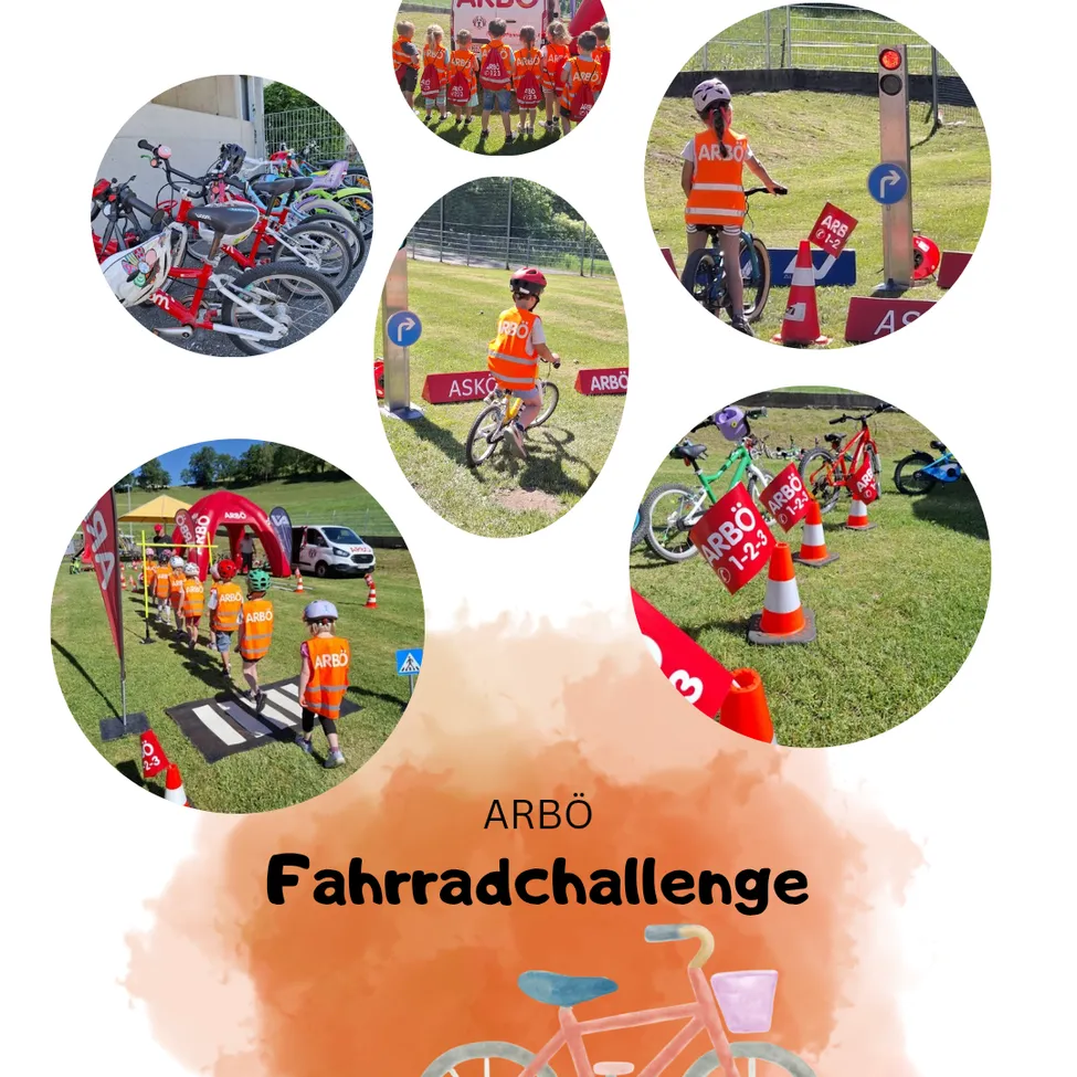 Bilder von Kindern in orange Westen, die Fahrräder fahren, Verkehrszeichen, Kegel und ein rotes Schild mit der Aufschrift ARBO. Fahrräder sind aufgereiht und Kinder überqueren eine Fußgängerzone.