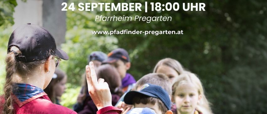 Eine Gruppe von Kindern in Pfadfinderuniformen, angeführt von einem Erwachsenen, steht im Freien in einer Reihe. Das Bild bewirbt eine Veranstaltung namens Starfest, die für den 24. September um 18:00 Uhr geplant ist.