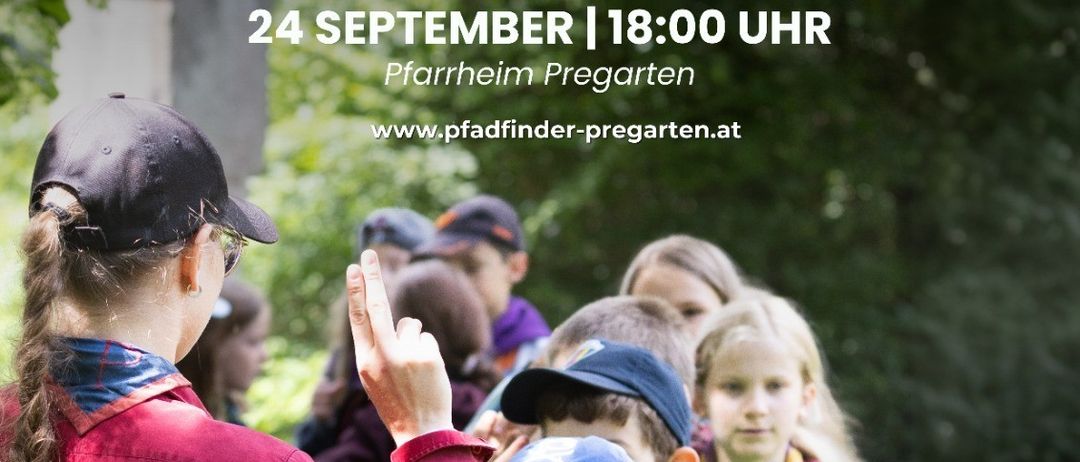 Eine Gruppe von Kindern in Pfadfinderuniformen, angeführt von einem Erwachsenen, steht im Freien in einer Reihe. Das Bild bewirbt eine Veranstaltung namens Starfest, die für den 24. September um 18:00 Uhr geplant ist.