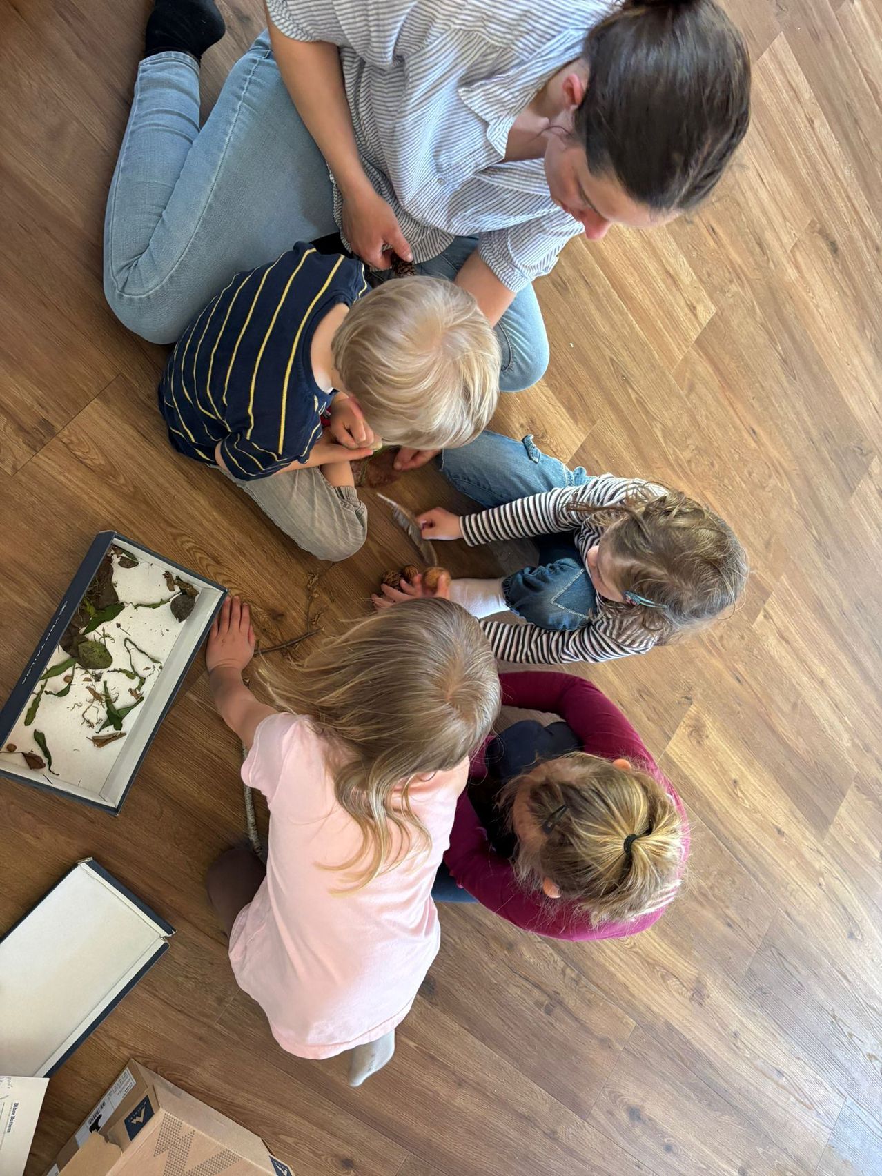 Mehrere Kinder sitzen auf einem Holzboden und untersuchen Gegenstände aus einer Box. Ein Erwachsener kniet hinter ihnen und schaut sich ebenfalls die Gegenstände an.