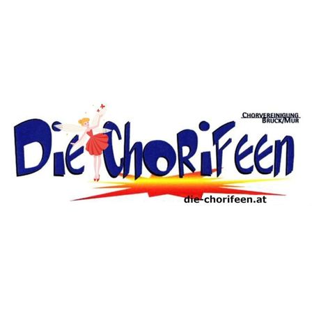 Das Bild zeigt ein Logo für 'Die ChoriFeeen', eine Chororganisation. Das Logo zeigt eine feenartige Figur in einem roten Kleid, die einen Stern hält und auf einem leuchtend gelben und roten flammenartigen Design steht. Der Text 'Chorvereinigung Bruck/Mur' ist über der Fee.