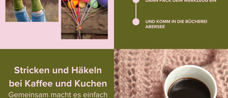 Bild zeigt eine Strick- und Häkelveranstaltung bei Buchererei Abersee jeden zweiten Donnerstag, mit einer Person, die mit Garnkugeln strickt, und einer Tasse Kaffee.
