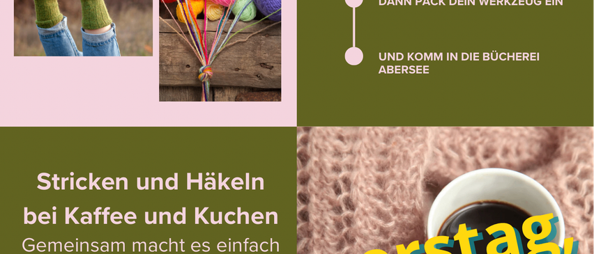A poster invites knitting and crocheting friends to join a coffee and knitting session at Bucherei Abersee on January 15th. Participants can knit or crochet, socialize, pack their tools, and visit the bookstore. The event runs from 14:30 to 17:00.