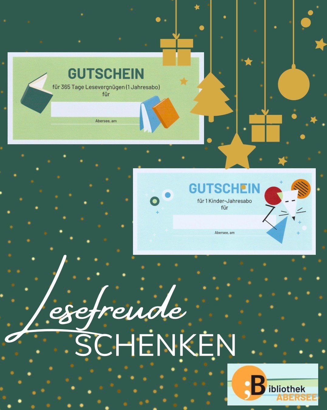 Two gift vouchers are displayed on a green background with a Christmas tree, stars, and ornaments. One voucher is for 365 days of reading pleasure, and the other is for a children's subscription.