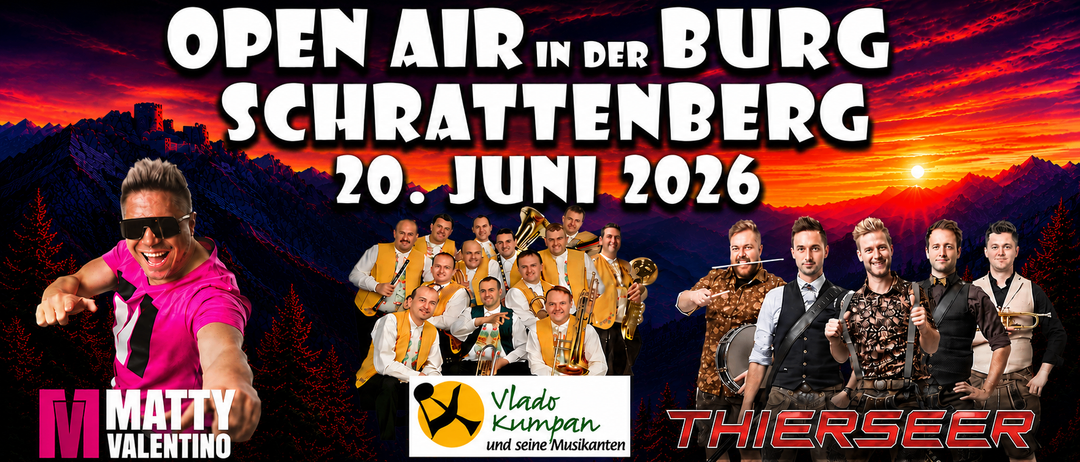 Open-Air-Veranstaltung in Burchattenberg am 20. Juni 2026. Eine Gruppe Musiker mit verschiedenen Instrumenten und einem Logo von Vlado Kumpans Musikern.