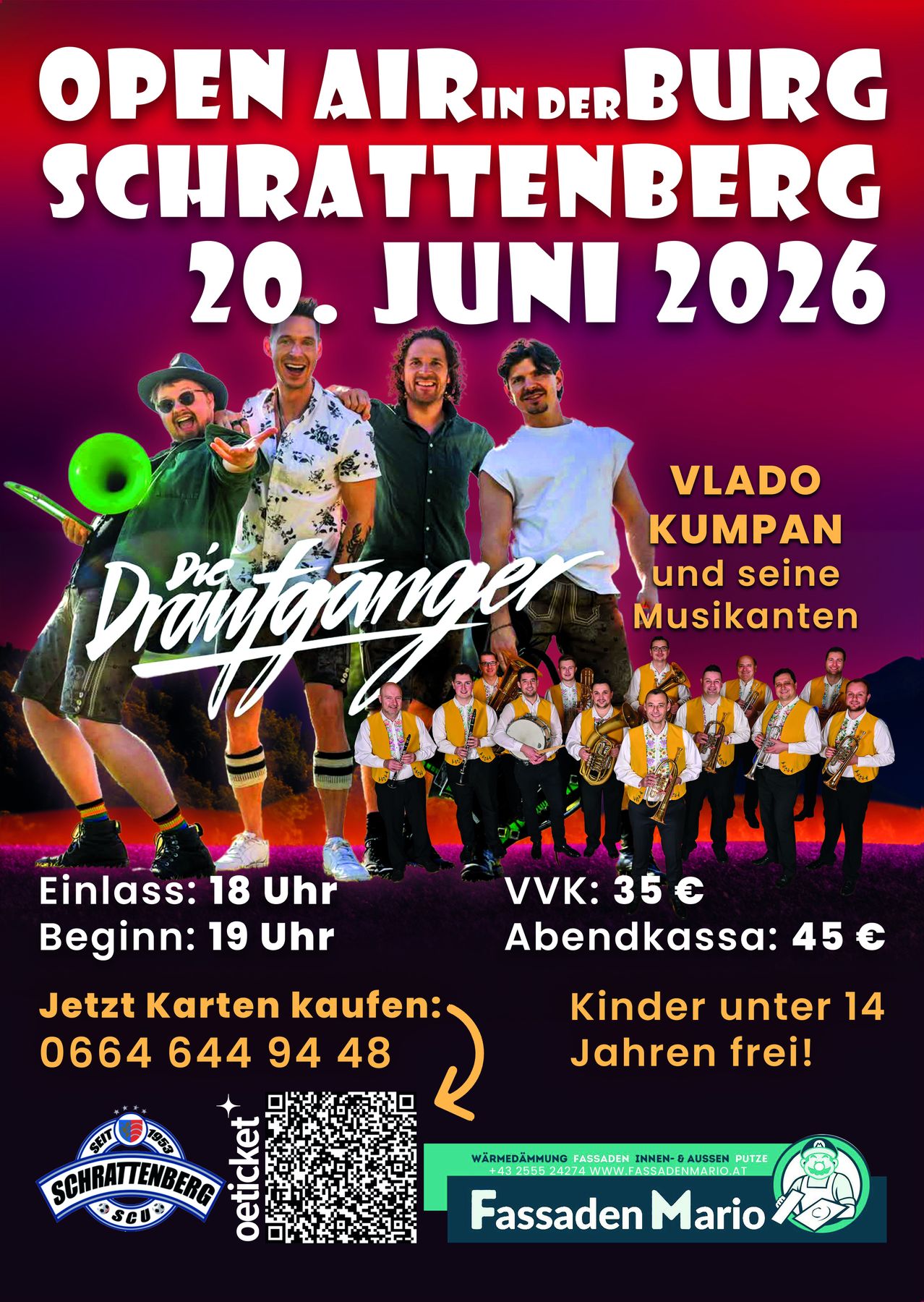 Plakat für eine Musikveranstaltung mit Vlado Kumpan und seinen Musikern. Das Datum ist der 20. Juni 2026, Einlass um 18 Uhr und Beginn um 19 Uhr. Die Ticketpreise betragen 35 Euro im Vorverkauf und 45 Euro an der Abendkasse. Kinder unter 14 Jahren sind frei.