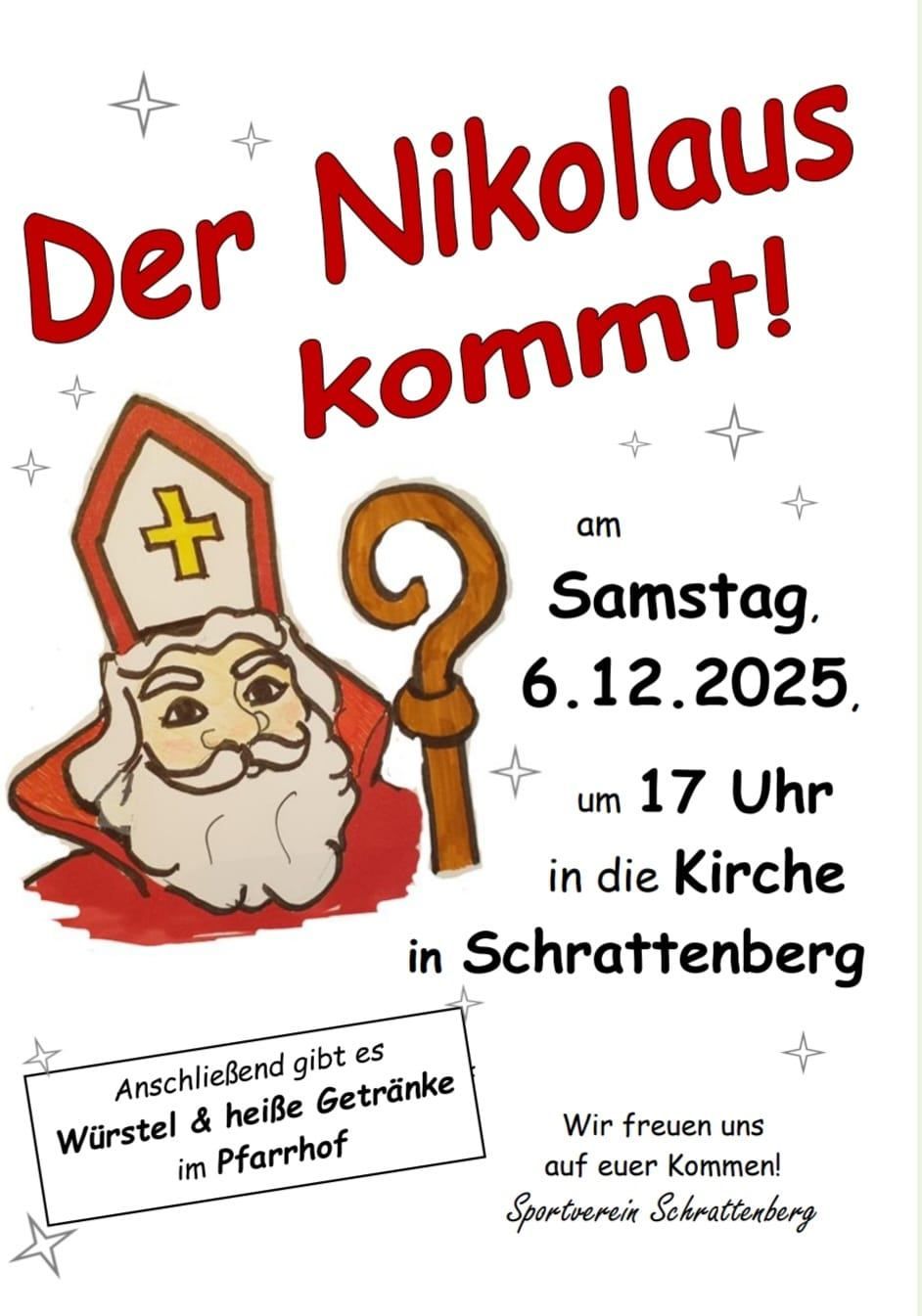 Plakat für den Besuch des Nikolaus am Samstag, 6. Dezember 2025, um 17 Uhr in der Schrattenberg Kirche, mit warmen Getränken und Leckereien.