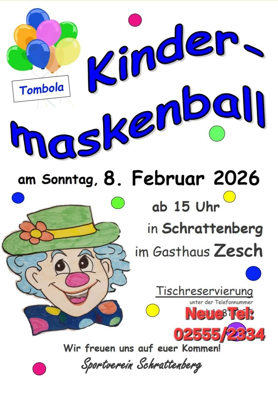 Plakat für einen Kindermaskenball in Schrattenberg, Gasthaus Zesch, Sonntag, 8. Februar 2026, ab 15 Uhr. Mit Clown-Illustration und Los-Schild.