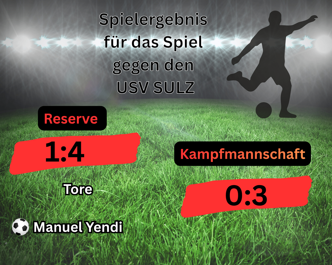 Soccer match result against USV SULZ. Reserve team scored 1, opponent scored 4. Tore scored 0, and Manuel Yendi scored 3.