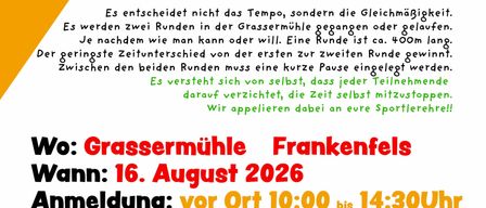 Plakat für Konstanz Bewerb-Veranstaltung am 16. August 2026 in Grassermühle Frankenfels. Anmeldung von 10:00 bis 14:30 Uhr, Start von 10:00 bis 15:00 Uhr. Zwei Runden Gehen oder Laufen, jeweils ca. 400 Meter. Eine kurze Pause ist zwischen den Runden erforderlich. Die Teilnehmer müssen sich auf ihre eigene Zeitmessung verlassen.