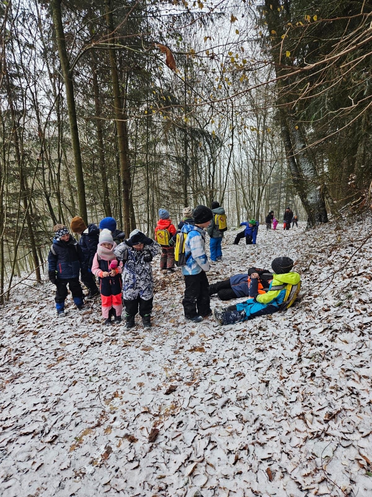 Eine Gruppe von Kindern, warm gekleidet, wandert in einem verschneiten Wald, einige tragen Rucksäcke. Ein Kind sitzt im Schnee, während andere bergauf gehen.