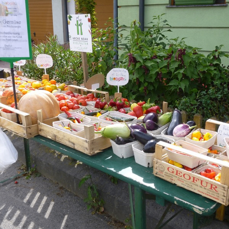 Ein grüner Tisch zeigt eine Vielzahl von Gemüse in Holzkisten, darunter Paprika, Auberginen und Kürbisse. Der Ort scheint ein Markt oder Garten zu sein.