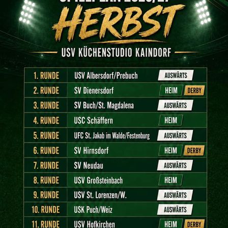 Ein Fußballspielplan für USV Kuchlstudio Kaindorf mit einer Liste der Gegner für die kommenden Runden, wobei Heim- und Auswärtsspiele angegeben sind.
