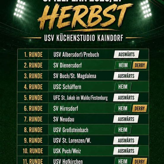 Ein Fußballspielplan für USV Kuchlstudio Kaindorf mit einer Liste der Gegner für die kommenden Runden, wobei Heim- und Auswärtsspiele angegeben sind.
