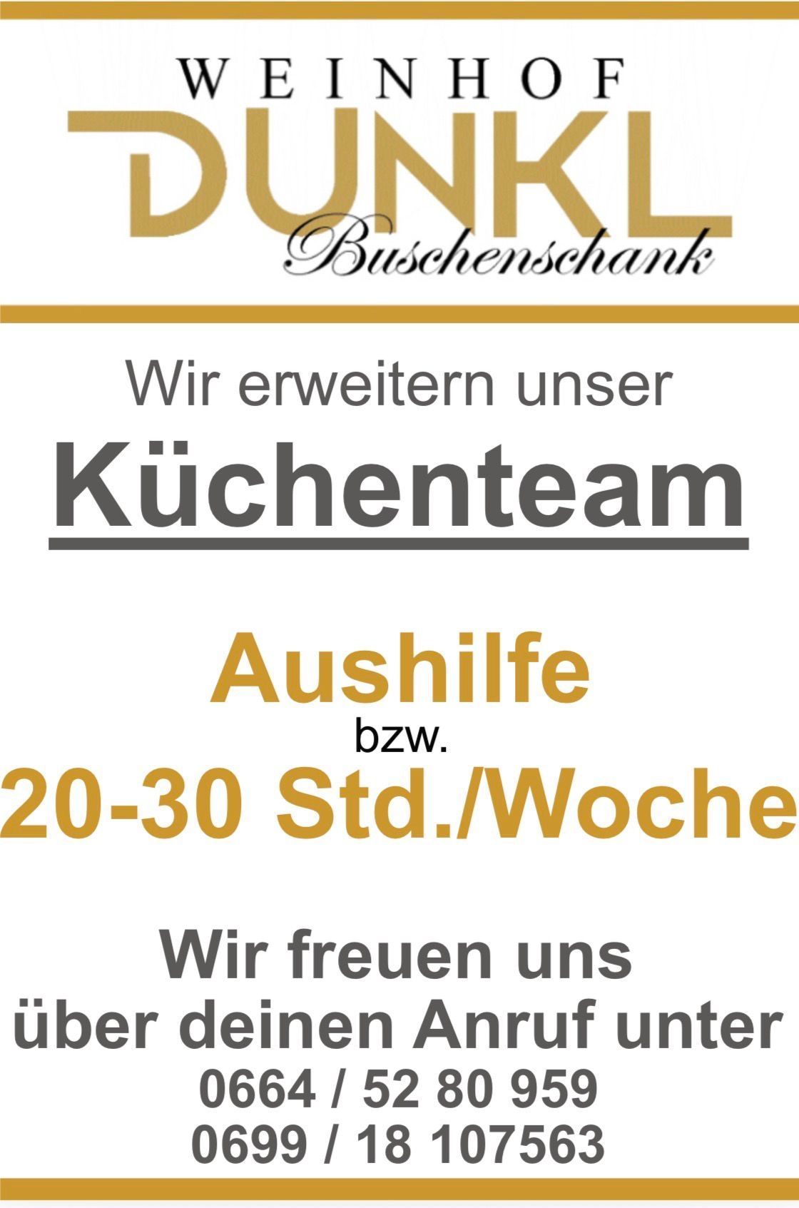 Ein Banner von Donrle Bushenshank kündigt die Erweiterung ihres Küchenteams an und sucht nach Unterstützung für 20-30 Stunden pro Woche. Sie freuen sich auf die Gelegenheit.