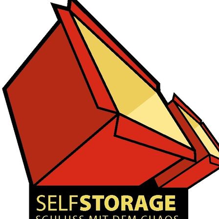 Ein rotes Lagerbox-Logo mit gelben Akzenten und dem Text 'Self Storage' und 'Schluss mit dem Chaos' auf weißem Hintergrund.