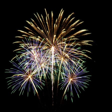 Ein farbenfroher Feuerwerksdisplay am Nachthimmel mit farbenprächtigen Ausbrüchen in Rot, Blau, Grün und Gelb vor einem dunklen Hintergrund.