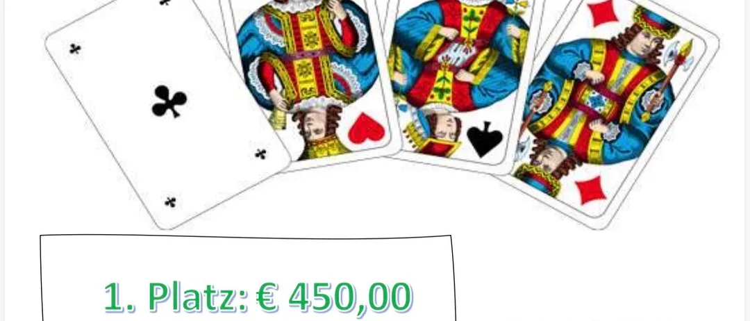 Ein Plakat für eine Kartenspiel-Veranstaltung. Es zeigt ein Logo, ein Datum und eine Liste von Preisen.