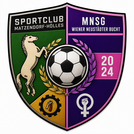Ein Schild mit einem Fußball in der Mitte, umgeben von einem Pferd, einem Zahnrad, einem Blatt und einer Handsymbol. Das Schild ist beschriftet mit 'Sportclub Matzendorf-Hölles' und 'MNSG Wiener Neustadter Bucht 2024'.