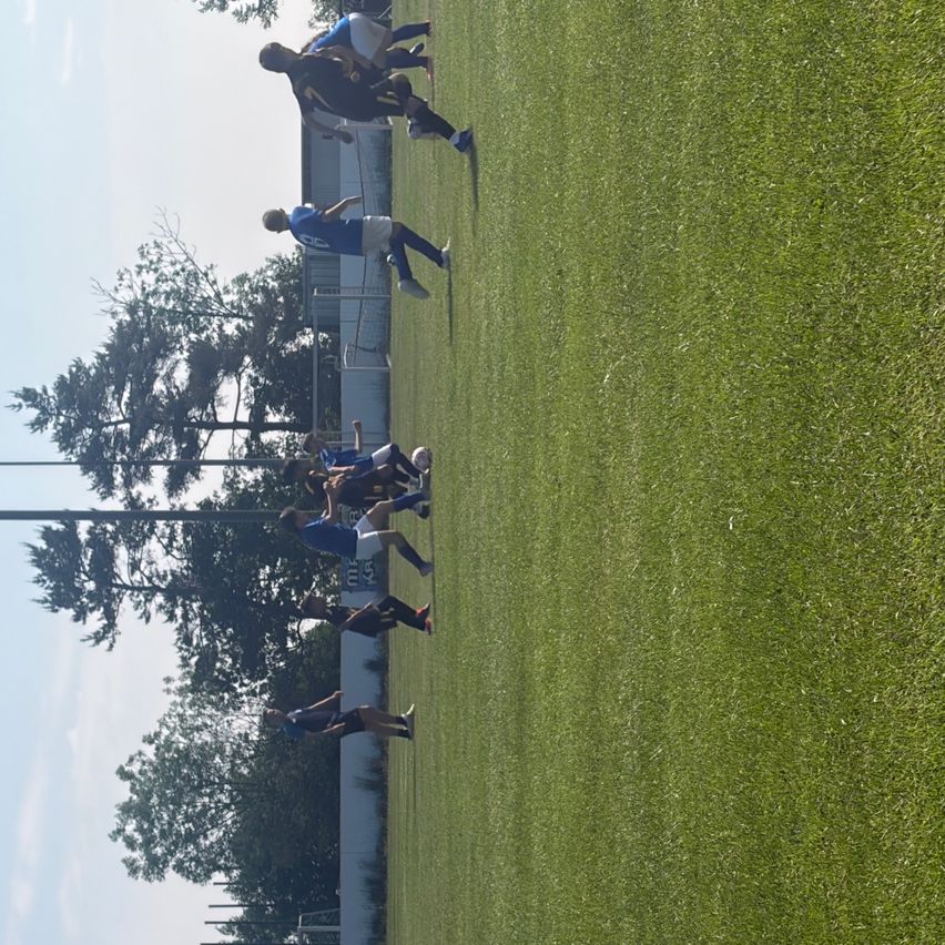 Ein Fußballspiel auf einem gepflegten Feld, mit Spielern in blauen Trikots und schwarzen Shorts. Im Hintergrund sind Bäume und ein bewölkter Himmel zu sehen.