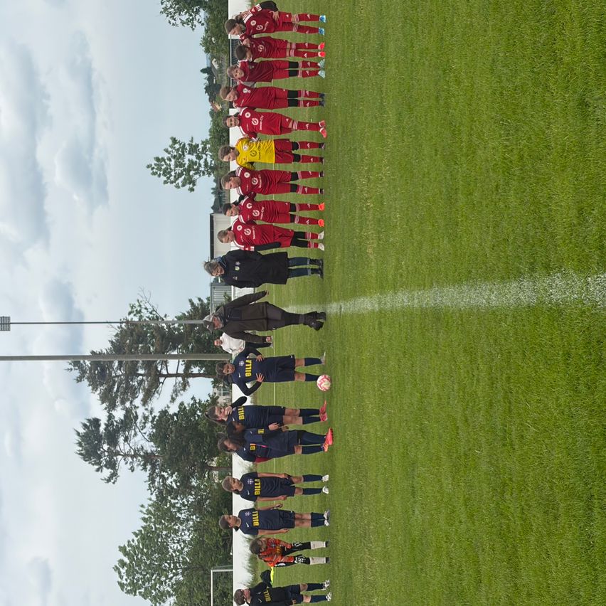Eine Fußballmannschaft steht auf einem Feld, in zwei Bereiche aufgeteilt, wobei ein Spieler einen Ball hält. Im Hintergrund sind Bäume und ein bewölkter Himmel zu sehen.