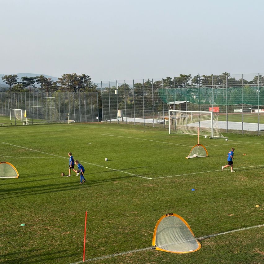 Eine Gruppe junger Fußballspieler trainiert auf einem Feld mit Toren und Netzen. Das Feld ist von einem Zaun und Bäumen umgeben.