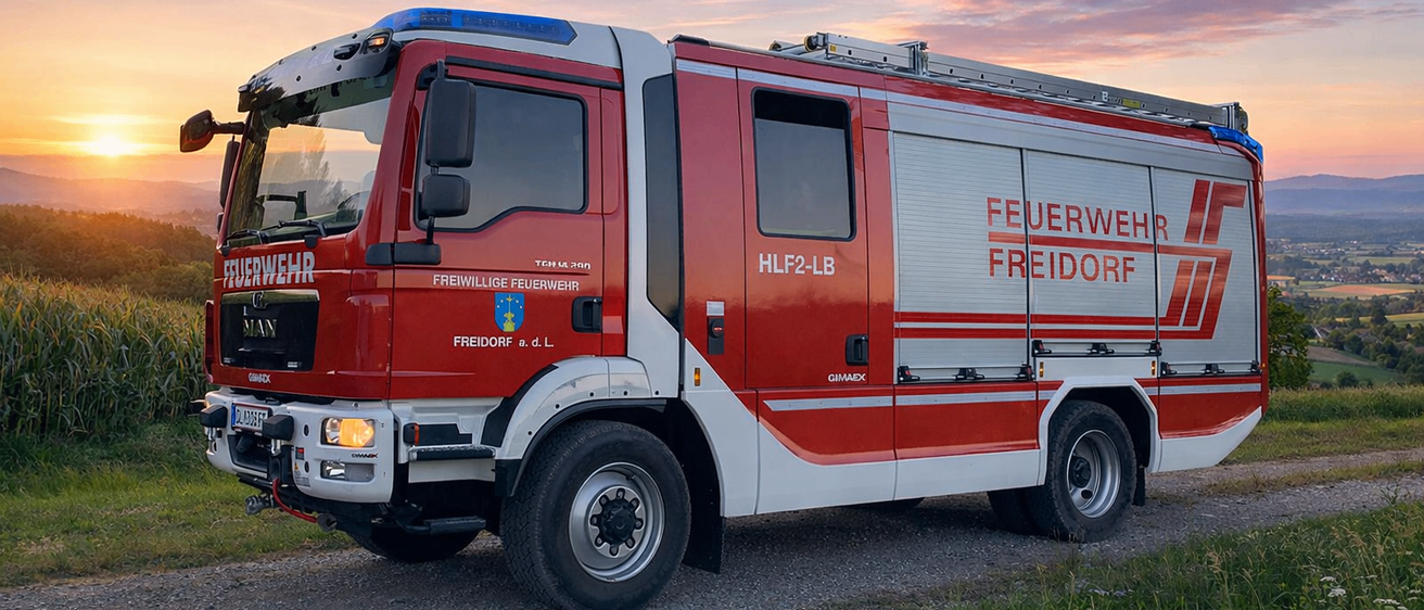 Ein roter und weißer Feuerwehrwagen steht auf Kies. Es steht Freiwillige Feuerwehr Freidorf an der Seite.