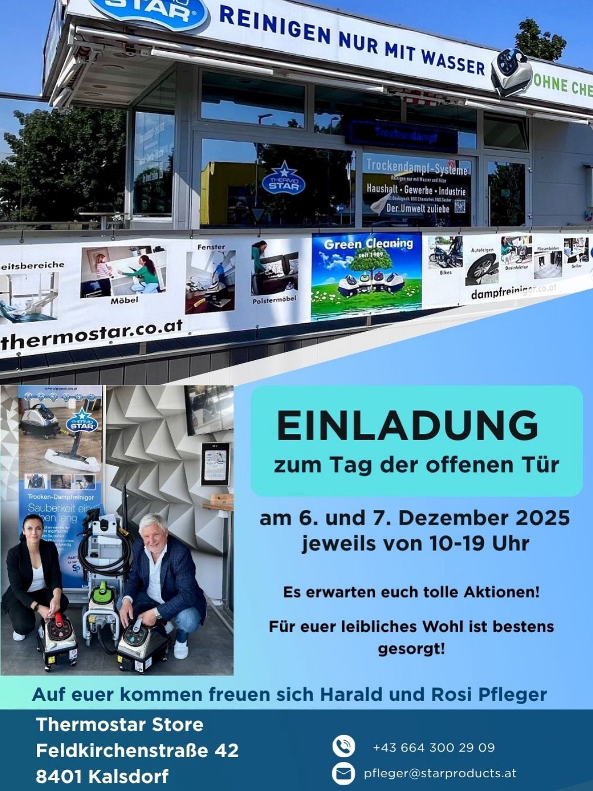 Werbung für Thermostar.co.at mit einem Reinigungsposter. Zwei Personen knien mit Staubsaugern. Das Poster besagt 'Einladung zum Tag der offenen Tür' mit Datum und Uhrzeit.