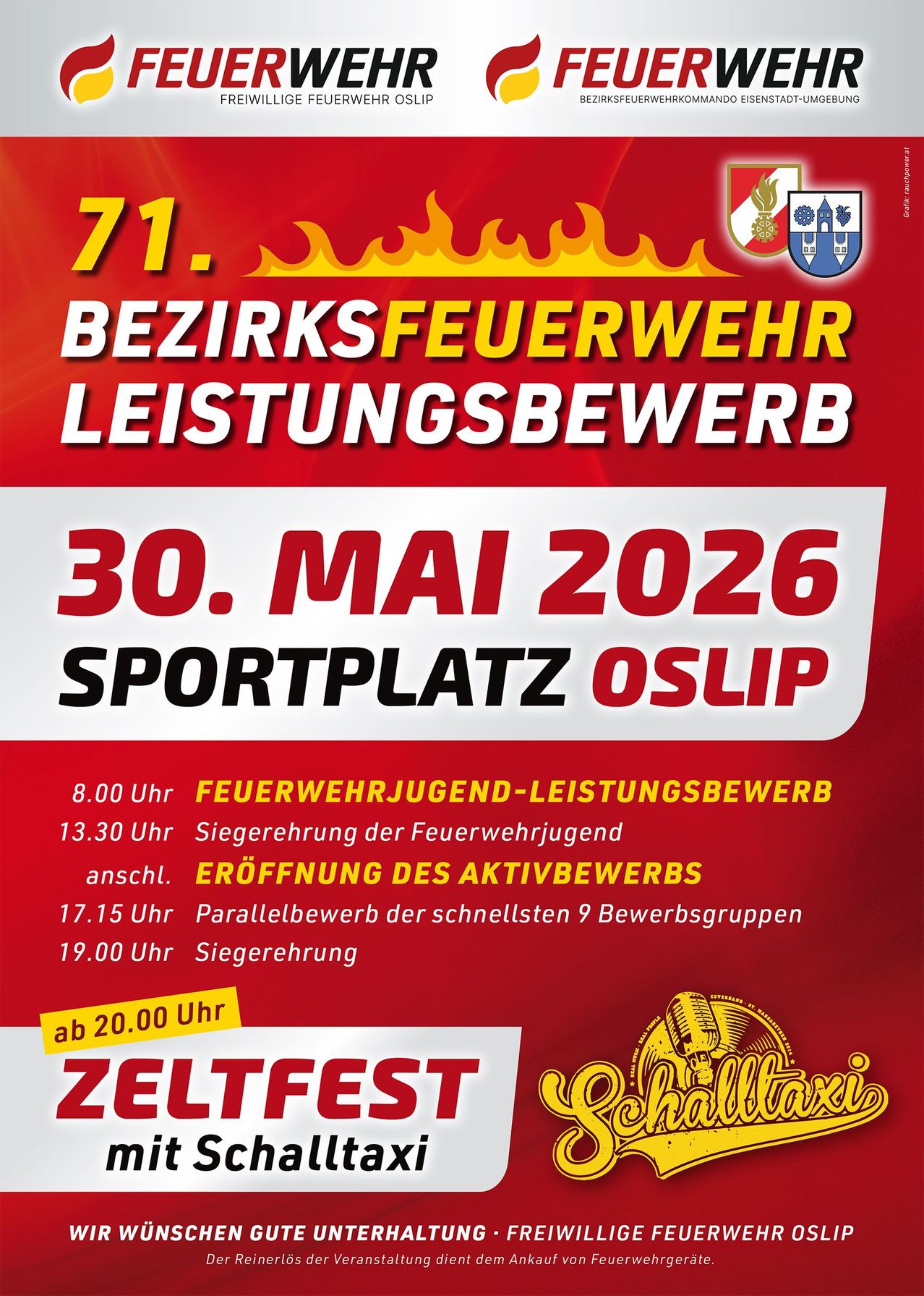 Plakat für den 71. Bezirksfeuerwehr-Leistungswettbewerb am 30. Mai 2026 auf dem OSLIP-Sportplatz. Veranstaltungen umfassen die Eröffnung der aktiven Brigade, Feuerwehrjugend-Leistungswettbewerb und Siegesfeier.