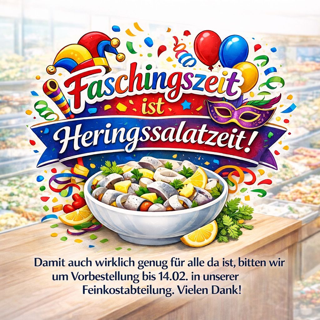 Werbegrafik für Faschingszeit mit einer Schüssel Heringssalat, Konfetti und Karnevalsmasken. Eine Bitte um Reservierung bis 14.02. Vielen Dank!