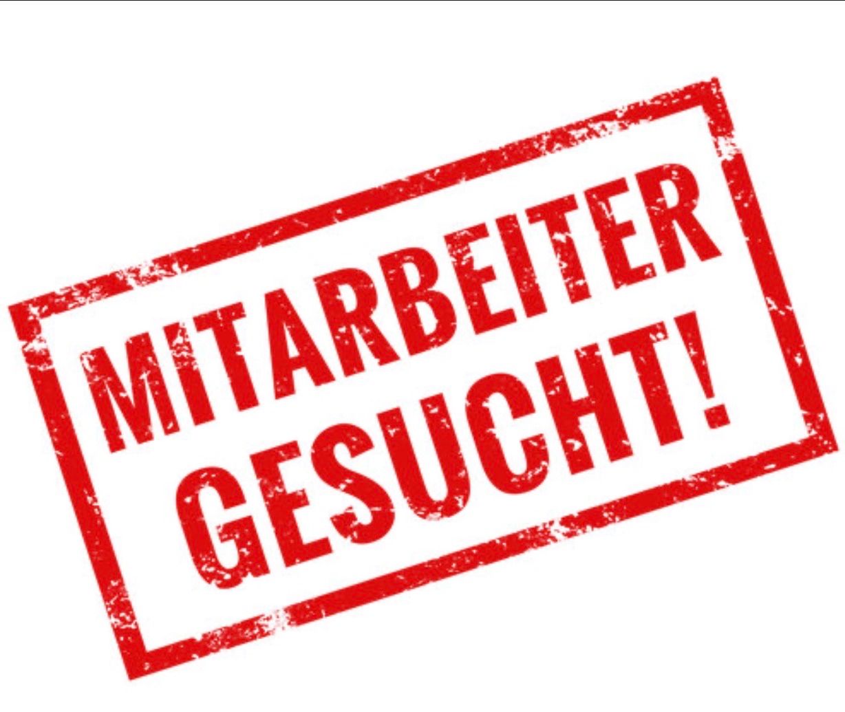 A red rectangular stamp on a white background with bold, all-caps text that reads 'MITARBEITER GESUCHT!' which translates to 'EMPLOYEES WANTED!' in English. The stamp has a distressed look with edges and corners slightly worn out.