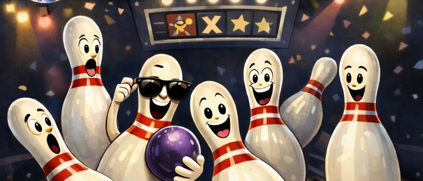 Cartoon bowling pins and bowling balls on a wooden floor with a bowling ball wearing a cap and sneakers, date 17.01.2025, time 15:00 PM.