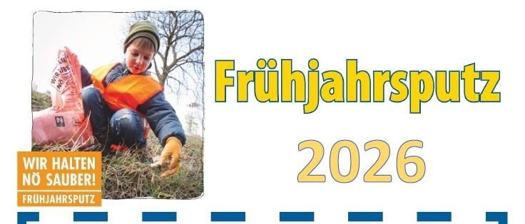 Plakat für die Frühjahrsputzaktion im Jahr 2026. Details zu Terminen, Treffpunkten und benötigter Ausrüstung. Kontaktinformationen angegeben.