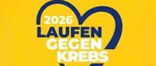 Auf einem gelben Hintergrund zeigt sich ein blaues Band in Form eines Herzens mit dem Text '2026 Laufen gegen Krebs' in weiß. Das Band symbolisiert die Unterstützung für das Bewusstsein über Krebs.