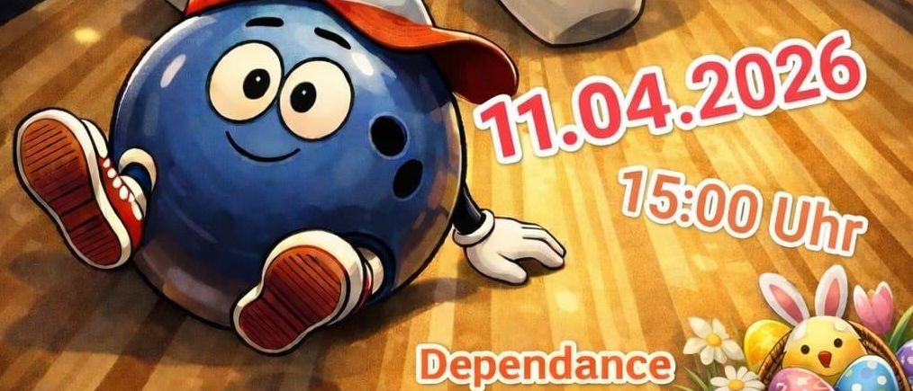 Eine Illustration von Bowling-Pins und einem Bowling-Ball auf einer Bowlingbahn mit einem Punkteanzeige. Datum und Uhrzeit von 11.04.2026 15:00 Uhr werden angezeigt.