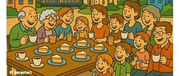 Eine Cartoon-Abbildung einer Familienzusammenkunft mit einem Tisch voller Speisen und Getränken, einem Haus und einer Kirche im Hintergrund. Der Text ist auf Deutsch und lädt zu einer Zusammenkunft am Samstag, den 22. August, um 15:00 Uhr ein.