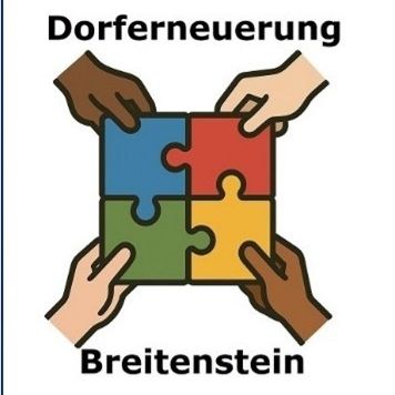 Eine Illustration von mehreren Händen, die ein farbenfrohes Puzzleteil halten, mit den Worten Dorferneuerung Breitenstein darüber und darunter geschrieben.