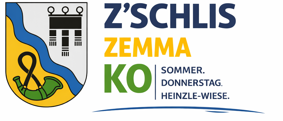 A logo featuring a shield with a horn and waves, and text 'Z'SCHLIS ZEMMA KO' with additional text 'SOMMER. DONNERSTAG. HEINZLE-WIESE.' below it.