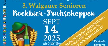 Plakat für das Walgauer Senioren-Herbstfrühstück am 14. September 2025, Beginn um 9:30 Uhr. Mit Bierflasche, Weizen und Brezen abgebildet.