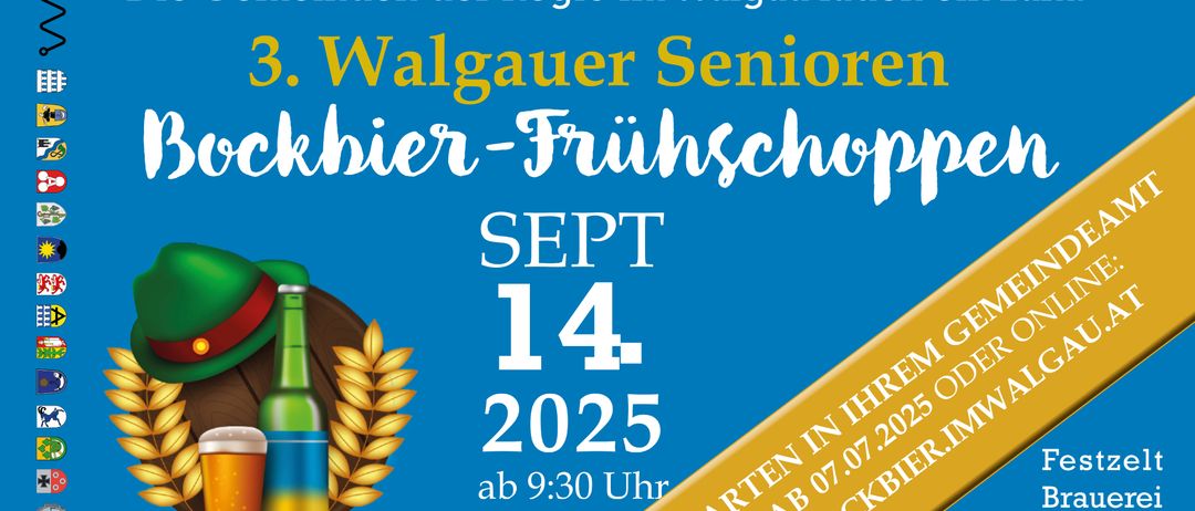 Plakat für das Walgauer Senioren-Herbstfrühstück am 14. September 2025, Beginn um 9:30 Uhr. Mit Bierflasche, Weizen und Brezen abgebildet.