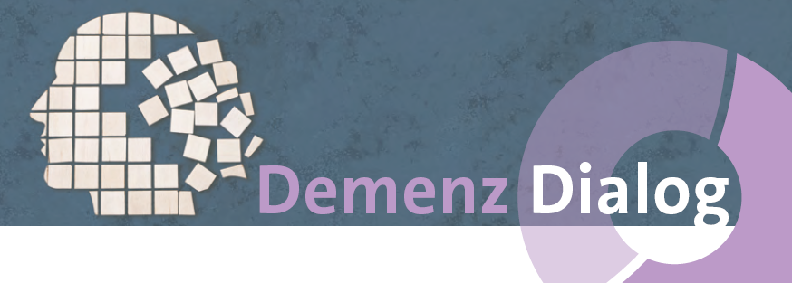 Ein Logo mit einem Puzzleteil in Form eines Gehirns und den Worten 'Demenz Dialog'. Die Puzzleteile sind verstreut, und die Gehirnform ist hervorgehoben.