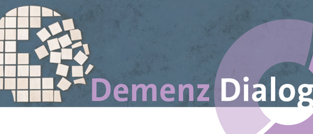 Ein Logo mit einem Puzzleteil in Form eines Gehirns und den Worten 'Demenz Dialog'. Die Puzzleteile sind verstreut, und die Gehirnform ist hervorgehoben.