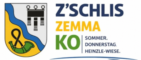 Das Logo von Z'Schlis Zema KO zeigt einen Schild mit einem Musiknoten, einem grünen Horn und einer blauen Welle. Unter dem Schild sind die Worte 'Z'Schlis Zema' in Blau und Gelb abgebildet. Das Logo enthält auch Informationen über eine Veranstaltung am Donnerstag, Sommer und Heinzle-Wiese.