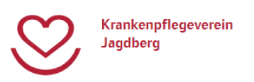 Ein rotes Herz mit einem Haken darin ist auf weißem Hintergrund abgebildet. Die Worte 'Krankenpflegeverein Jagdberg' sind in fetter roter Schrift geschrieben.