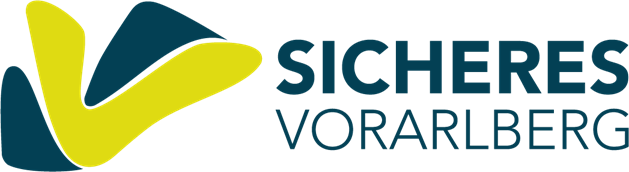 Auf einem schwarzen Hintergrund befindet sich ein gelbes und türkisfarbenes abstraktes Logo mit dem Schriftzug 'SICHERES VORARLBERG' in Blau.