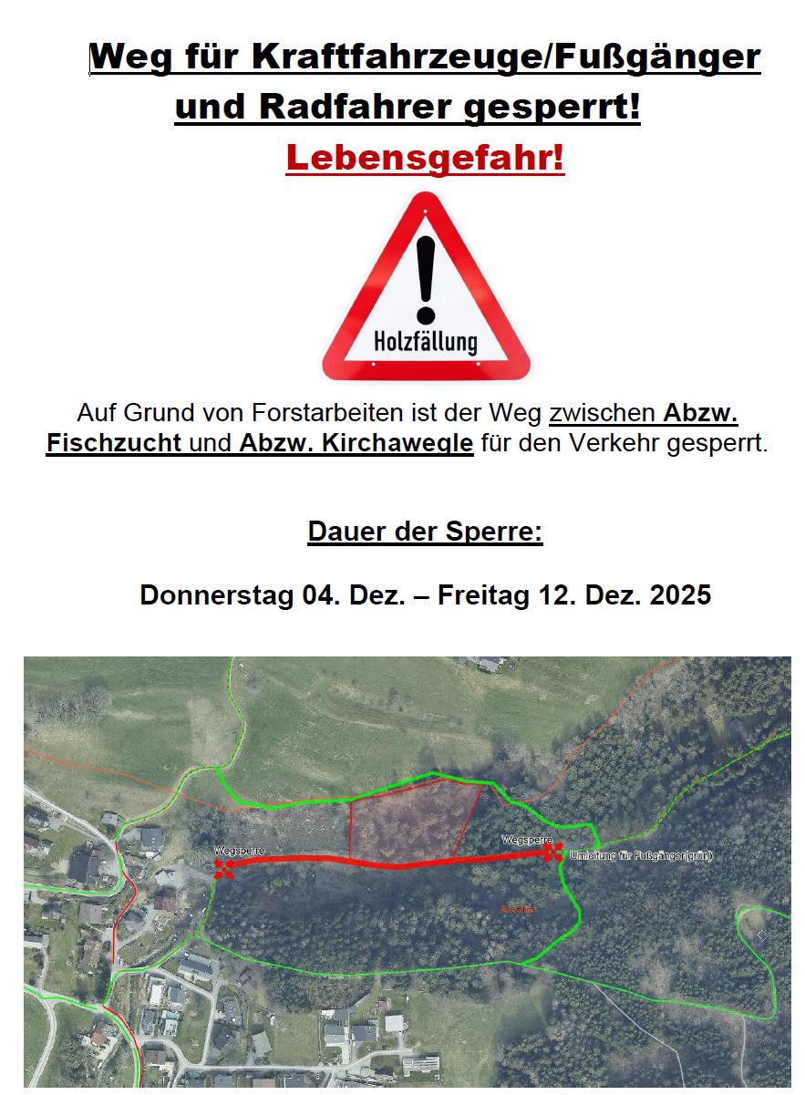 Das Bild zeigt ein Warnschild für einen umgestürzten Baum. Es weist darauf hin, dass ein Weg aufgrund von Holzarbeiten gesperrt ist. Die Sperrung betrifft den Bereich zwischen Fischzuch und Abzw. Kirchawegle. Die Sperrdauer ist vom Donnerstag, 4. Dezember, bis Freitag, 12. Dezember 2025. Eine Luftaufnahme zeigt einen gesperrten Weg mit Bäumen.