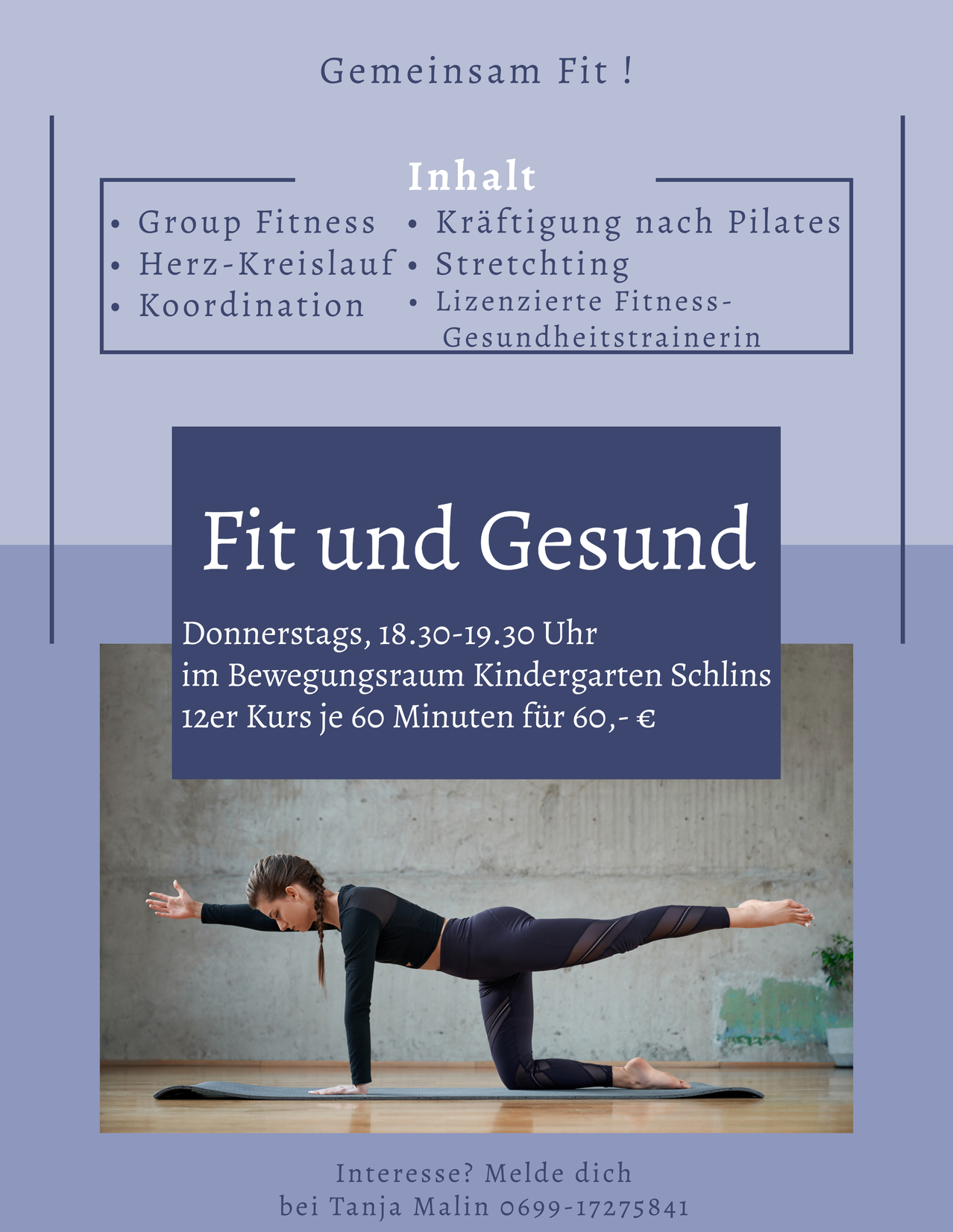 Plakat, das einen Fitness- und Gesundheitskurs donnerstags von 18:30 bis 19:30 Uhr im Bewegungsraum des Kindergartens Schins anbietet. Der Preis beträgt 60 Euro für eine 60-minütige Sitzung.
