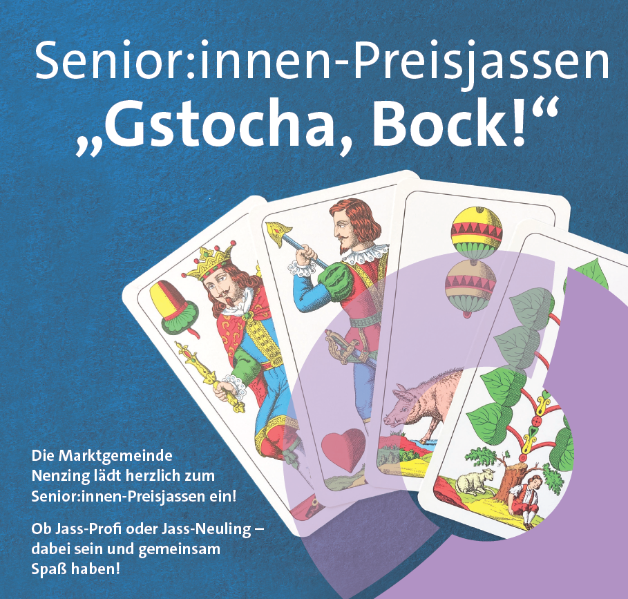 Plakat für ein Kartenspiel mit blauem Hintergrund und Spielkarten. Der Text lautet 'Senior:innen-Preisjassen ,Gstocha, Bock!' in weiß. Unten sind Bilder von Karten und Illustrationen zu sehen.