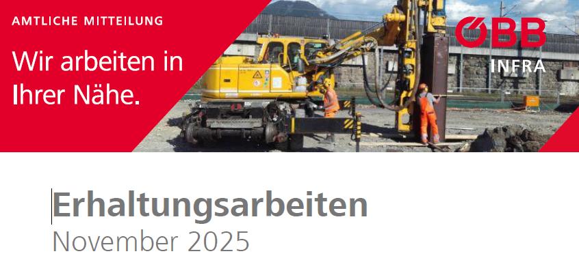 Werbung für Wartungsarbeiten im November 2025. Zeigt eine gelbe Bohrmaschine und Arbeiter in orangefarbenen Uniformen. Hintergrund besteht aus einem roten Banner und industrieller Infrastruktur.